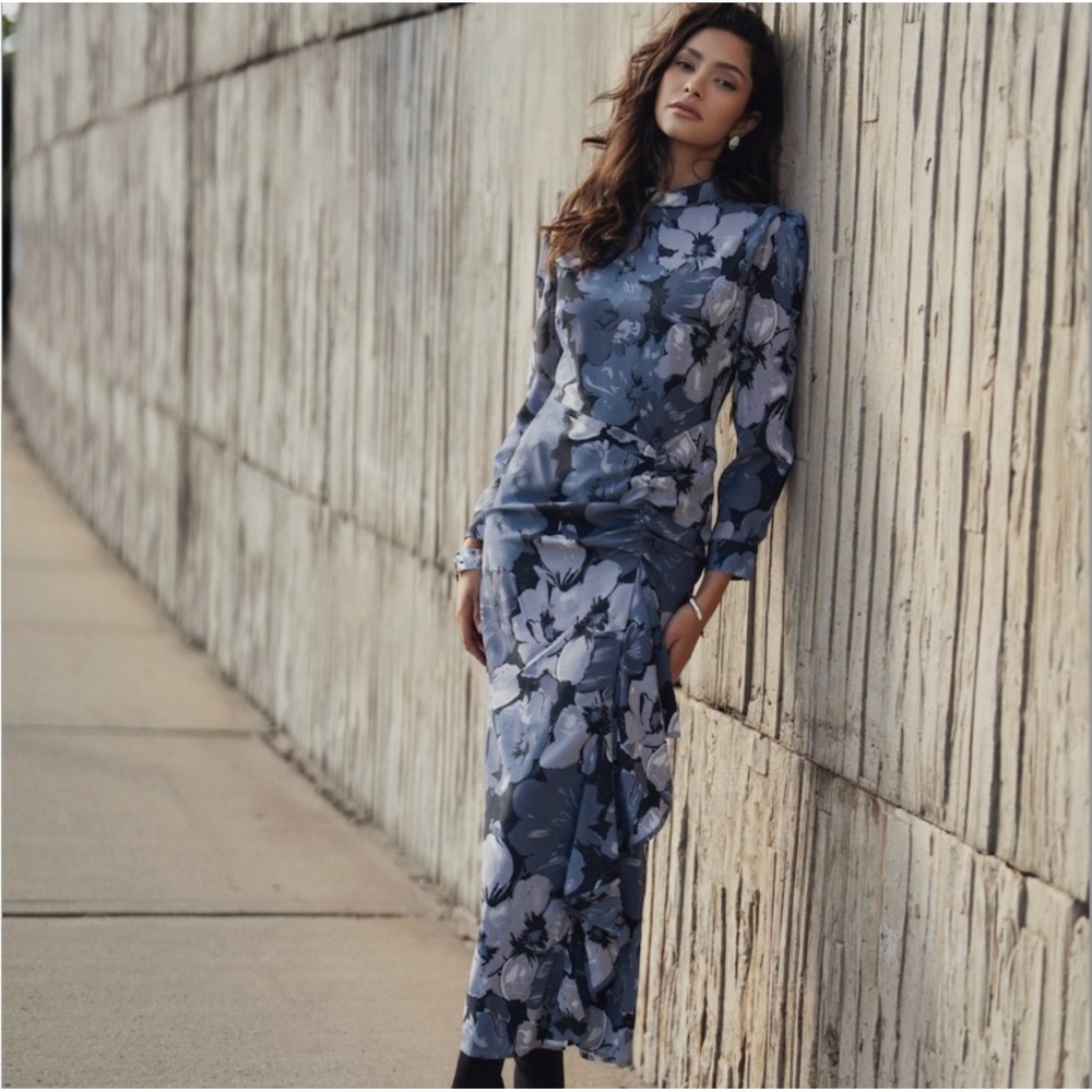 Ellie Makir Womens Printed Ruched Maxi Dress Long Sleeve Large Glam Chic Modest